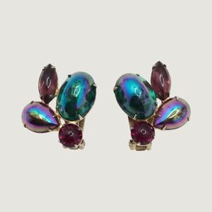 Vintage Dragon Breath Iridescent Glass Cabochon Clip On Glam Oil Slick Earrings